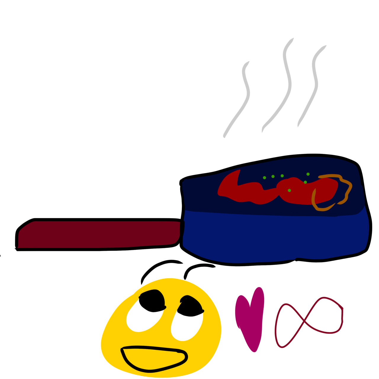 a yellow face looking delightedly up at a pan of ambiguous food. There’s also a heart next to the face and a red infinity sign, showing that it’s an autistic special interest.